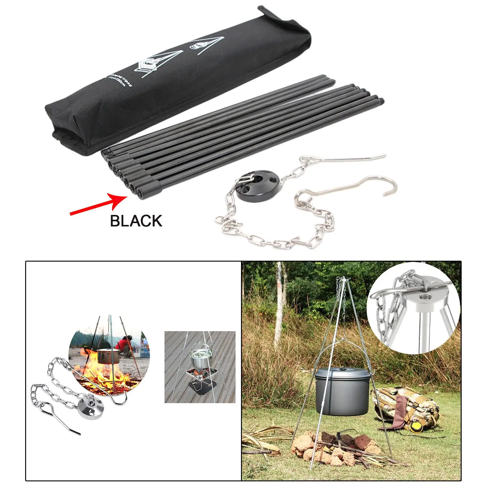 Portable Camping Tripod with Storage Bag Adjustable Cooking Pot Grill for BBQ