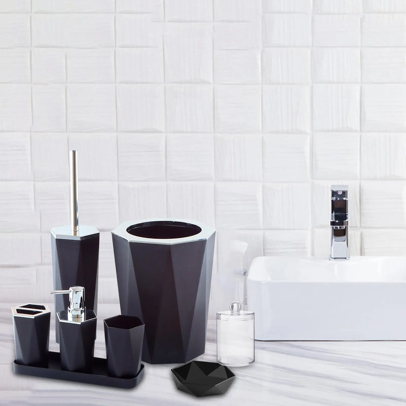 7x Bathroom Accessories Set Garbage Can Toilet Brush Cotton Swab Box for Countertop Bathroom Toilet Apartment Decor
