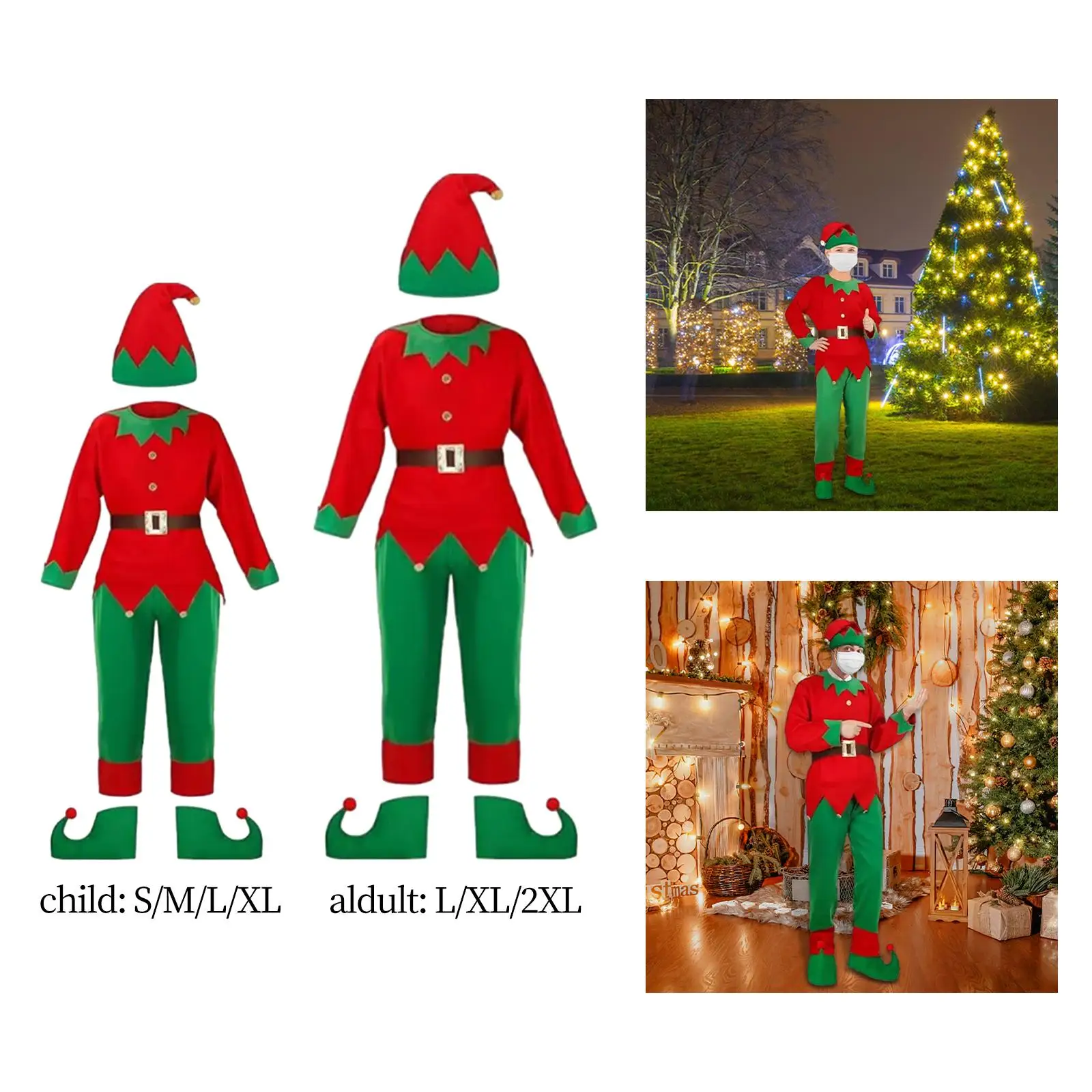 Christmas Elf Costumes with Elf Hat Elf Cosplay Costume Set Xmas Outfit for Carnival Festive Themed Party New Year Photo Props