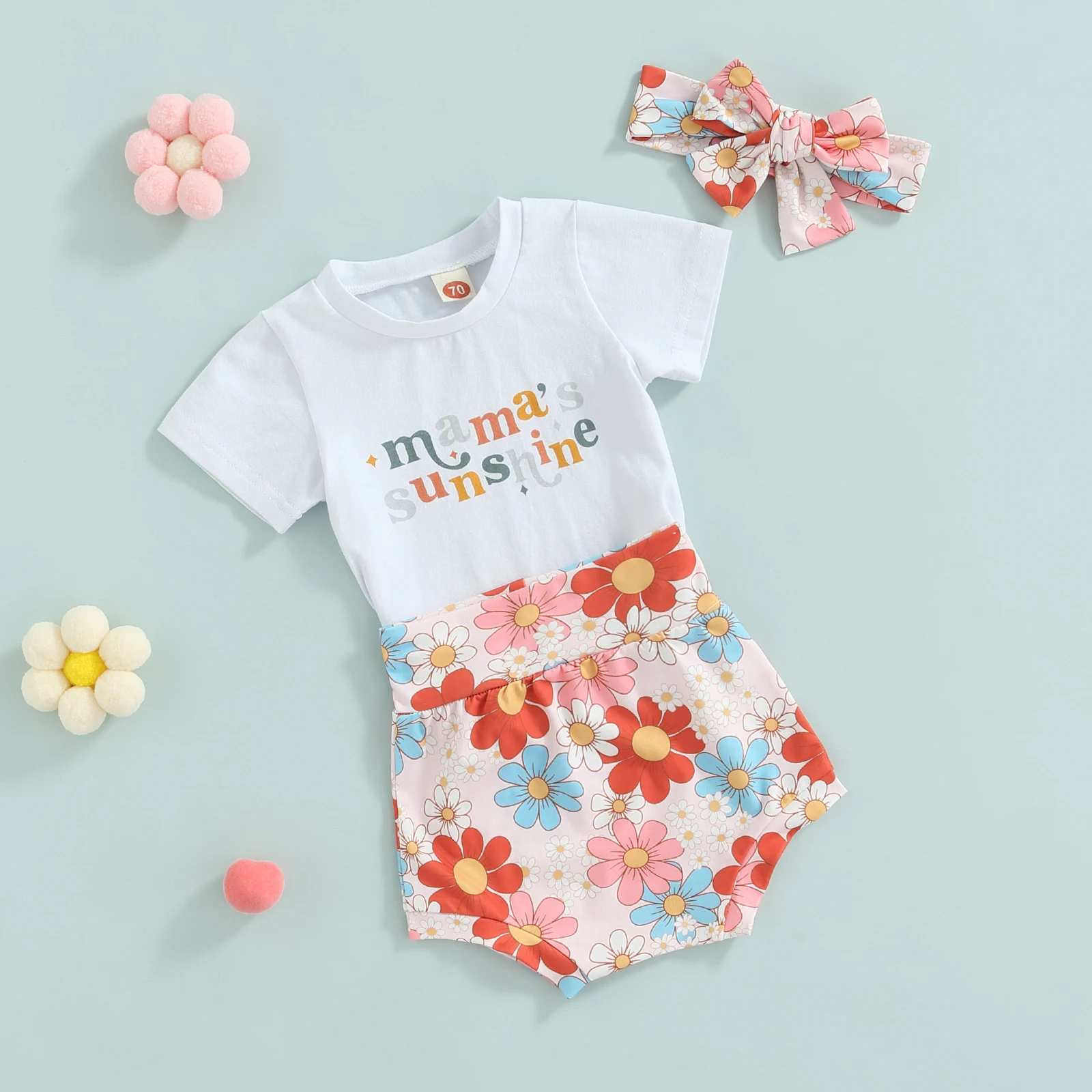 baby dress and set 2022 0-24M Infant Girl Summer Clothing Mama Sunshine Letter Print Round Neck Short Sleeve Top+Floral High Waist Shorts Cute 3pcs baby outfit matching set