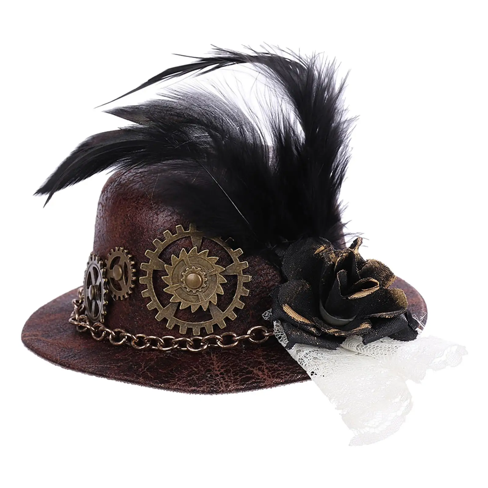 Retro Punk Gothic Mini Top Hat with Gear Feather Hair Clip, for Mardi Gras Carnival Head Wear Halloween Brown DIY Yourself