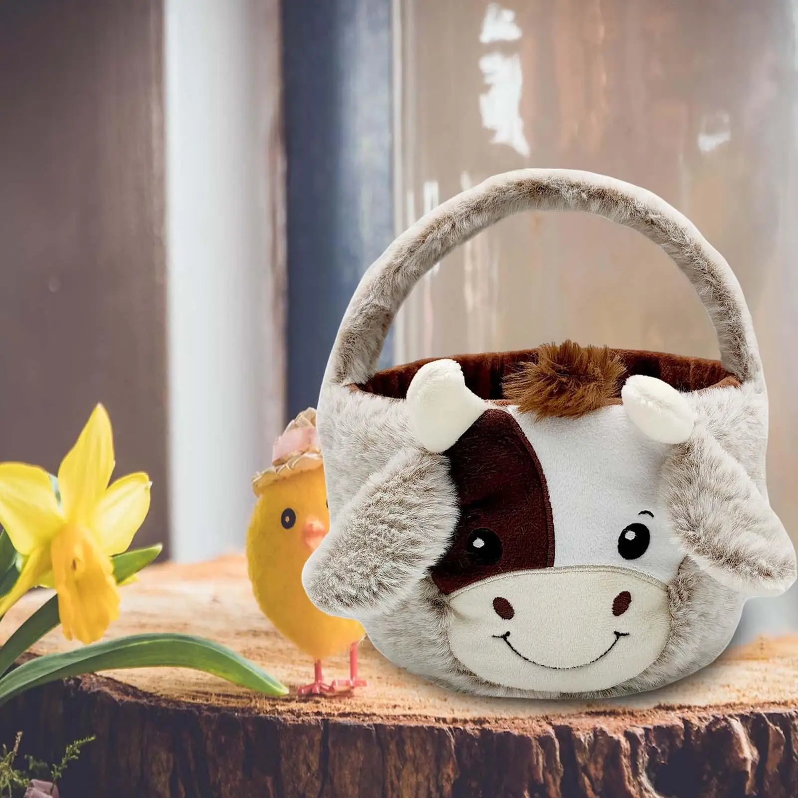 Cute Plush Cow Easter Basket Easter Egg Finding Toys Storage Candy Gifts Bag Reusable for Spring Candies Birthday Decor Kids