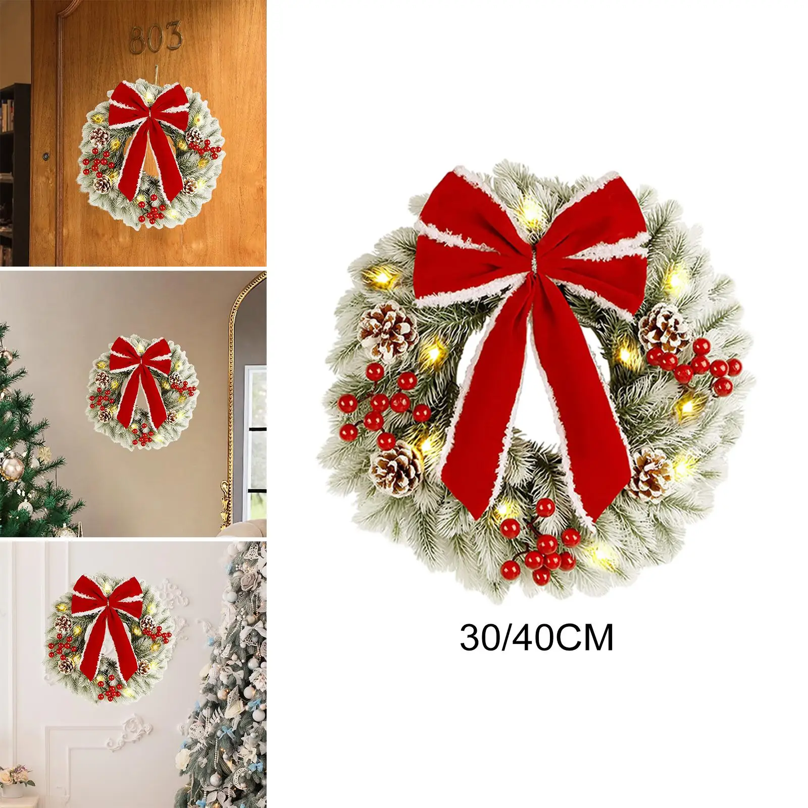 Christmas Wreath with String Light Handcrafted Decorative Front Door Wreath Holiday Garland for Wall Porch Office Party Ornament