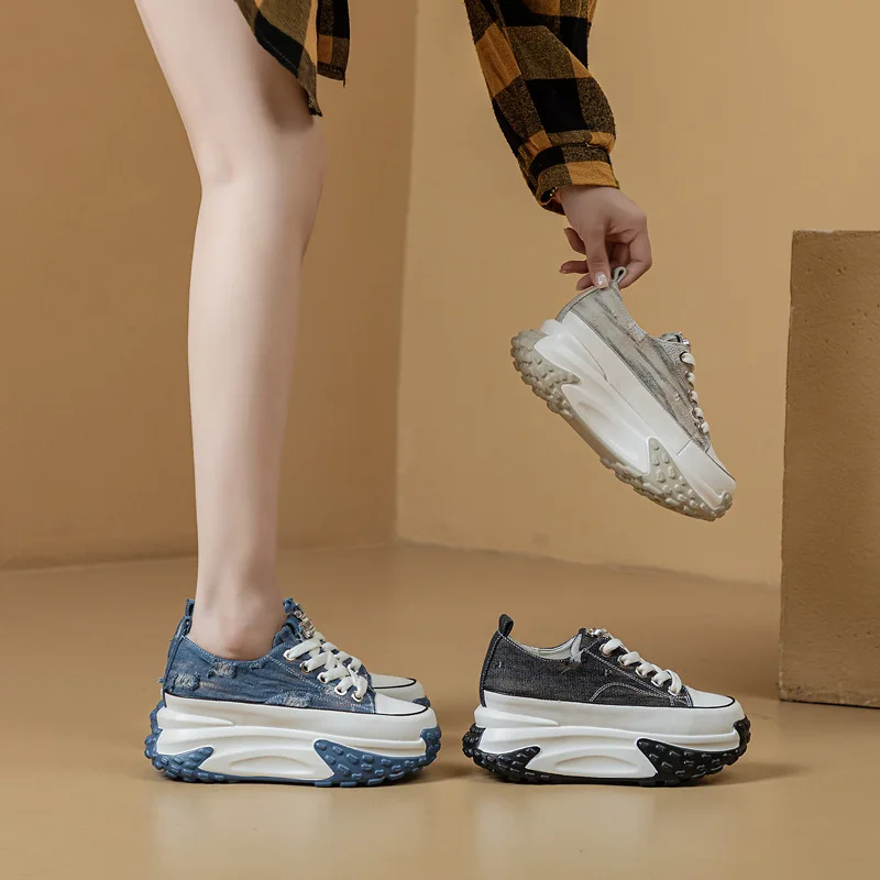 Blinged Out: 6cm Denim Leather Chunky Platform Sneakers - true deals club