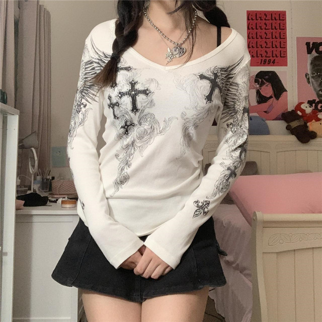 Y2k Graphic Cross Wings Print Long Sleeve Women Grunge Fairy
