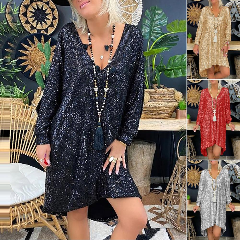 vestido glitter lantejoulas de grandes dimensões simples casual vestido de outono leve