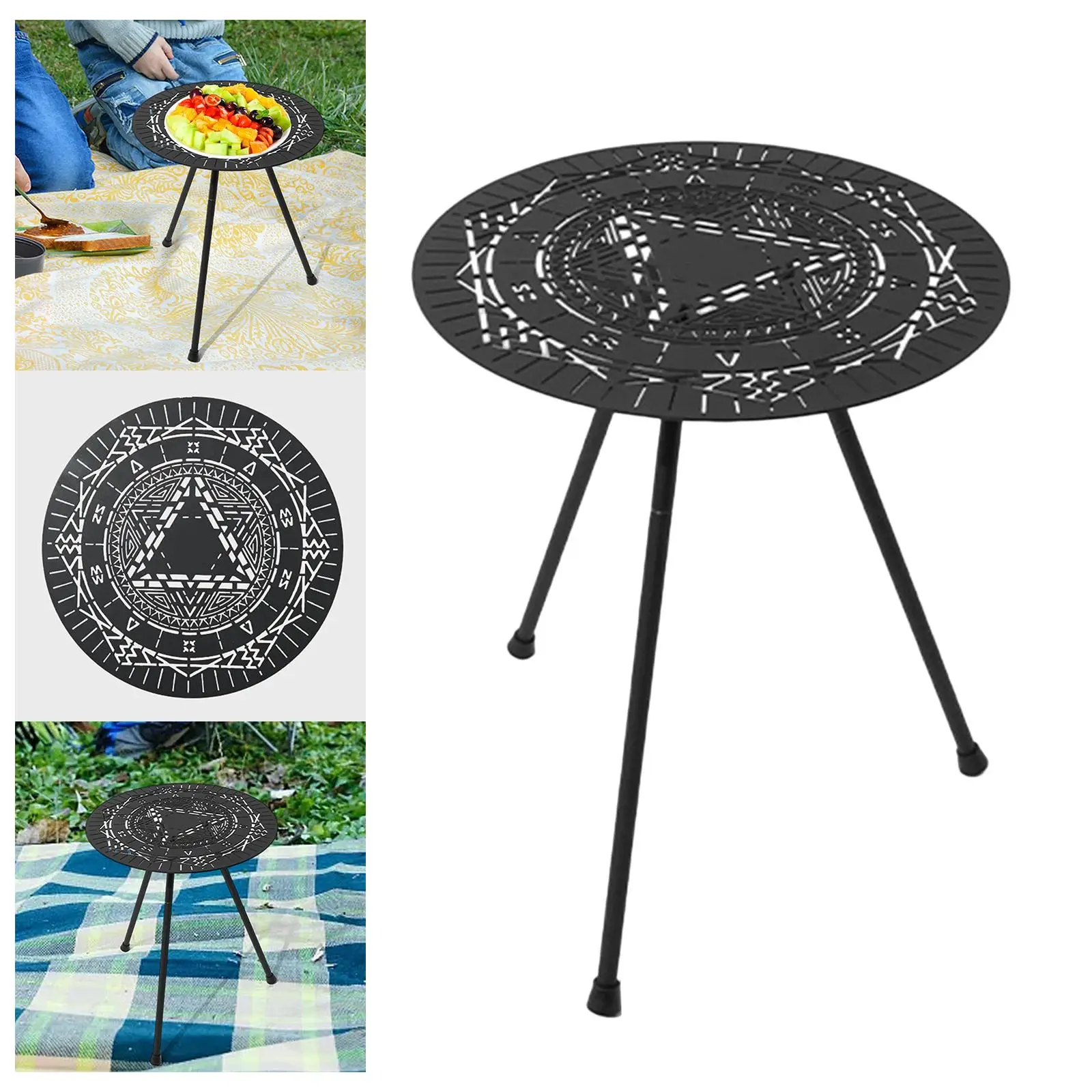 Black Portable Adjustable Round Camping Small Coffee Table Durable Picnic Table