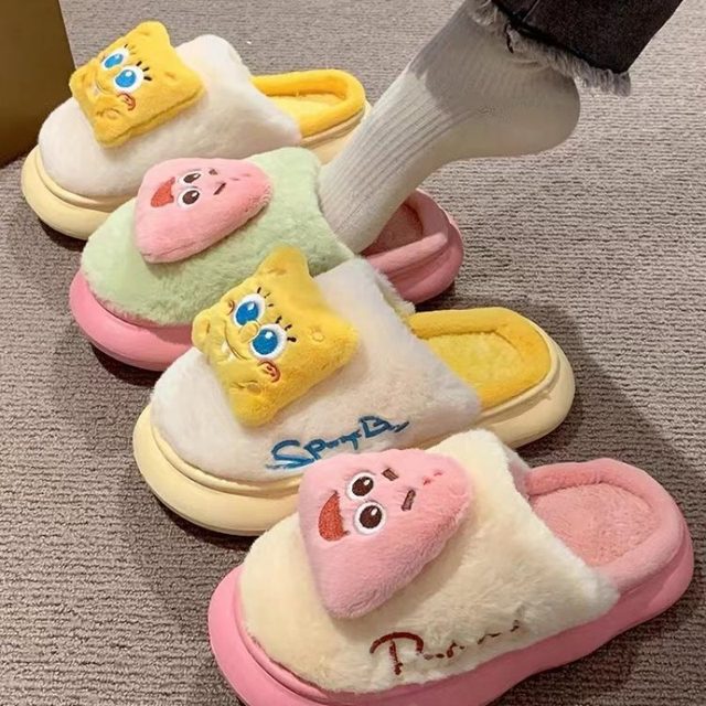 SpongeBob Patrick Star Plush Slippers Winter Fulffy Fur Slippers for Men  Women Anime Thickened Anti-slip Indoor Warm Cotton Shoe - AliExpress