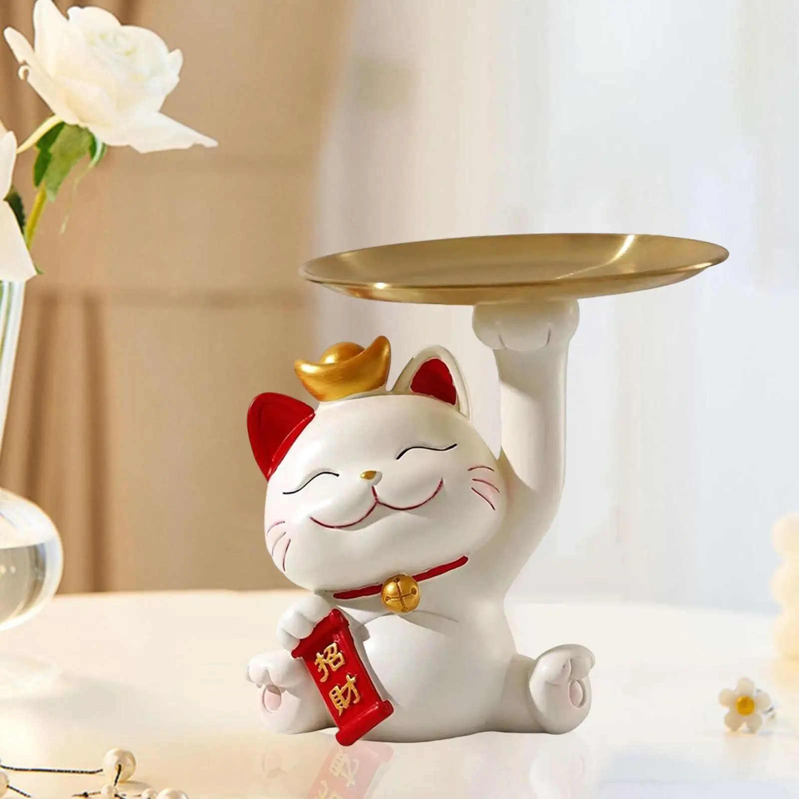 Cat Sculpture with Storage Tray Sundries Container Resin Storage Holder for Living Room Entrance Home Cabinet Decoration