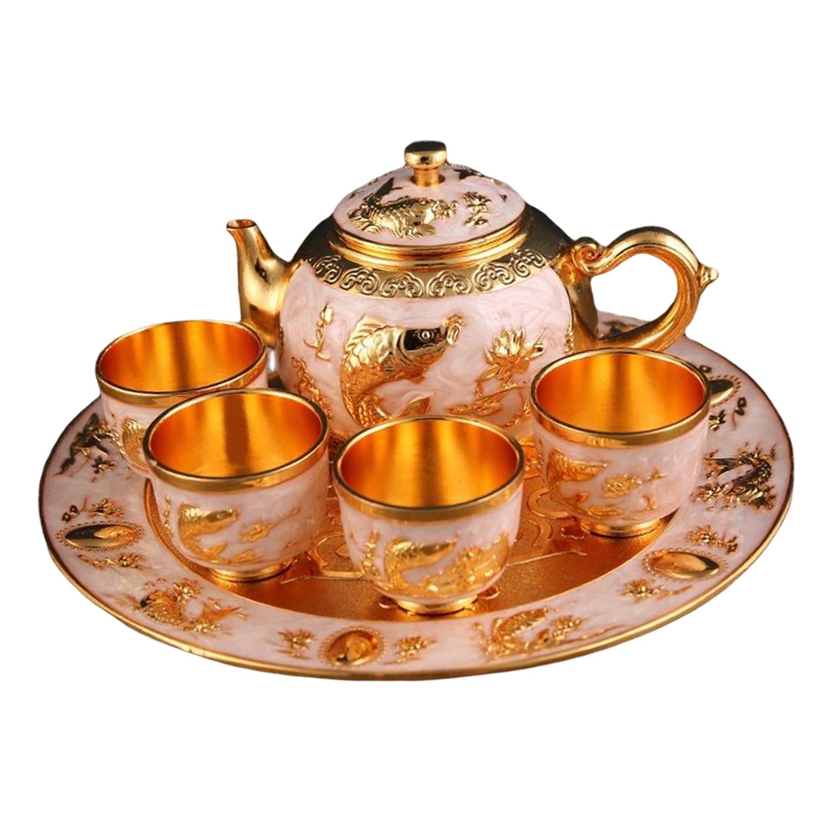 6x Coffee Pot Set with Tray Vintage Style Tea Cups and tray for Living room Ornaments Wedding Gift Dining Table