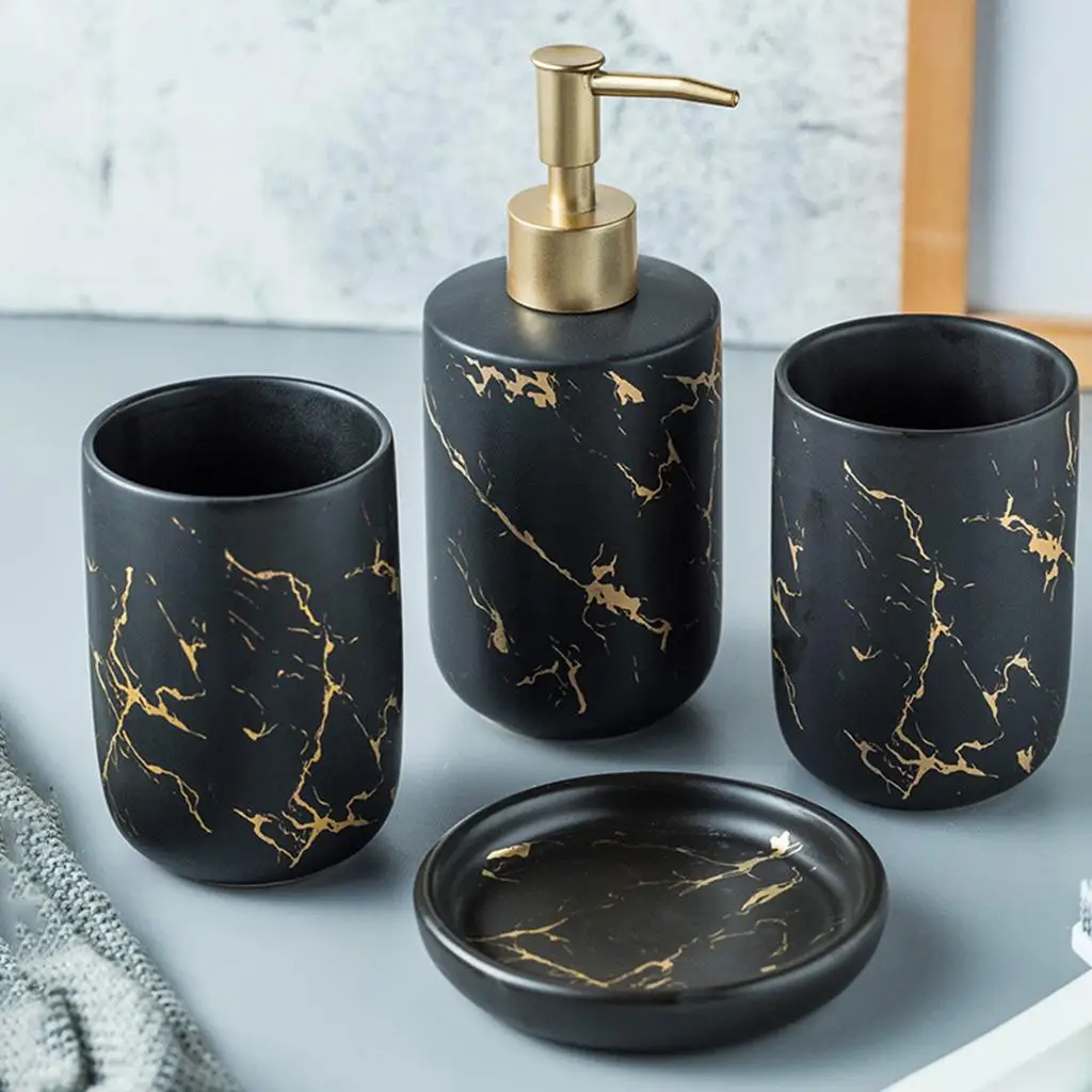 Bathroom Counter Accessories Set CERAMIC Marble Pattern Lotion Dispenser Soap Dish, Durable Construction