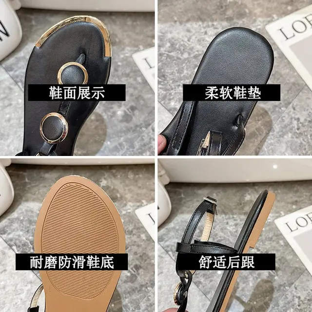 Summer Party Sandals Women Metal Decor Flip-Flops Open Toe Casual Beach Shoes Flats Buckle Strap Slingback Roman Footwear -