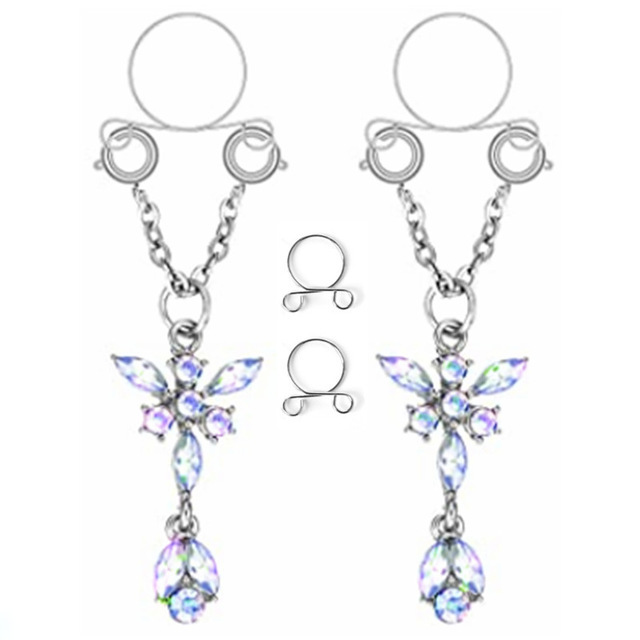 1 Paar sexy Quasten-Kristall-Schmetterlings-Anhänger, gefälschter Nippelring für Frauen und Mädchen, verstellbarer künstlicher Nippel-Piercing-Körperschmuck – Detail 4