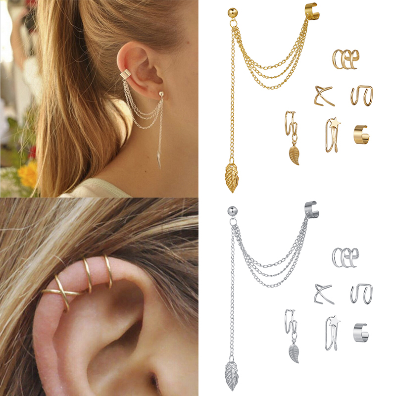 12PC Creative Gold Color Leaves Clip Earrings for Women Men Simple C Ear Cuff No Piercing Ear Ear Clip Set Trend Jewelry Gift