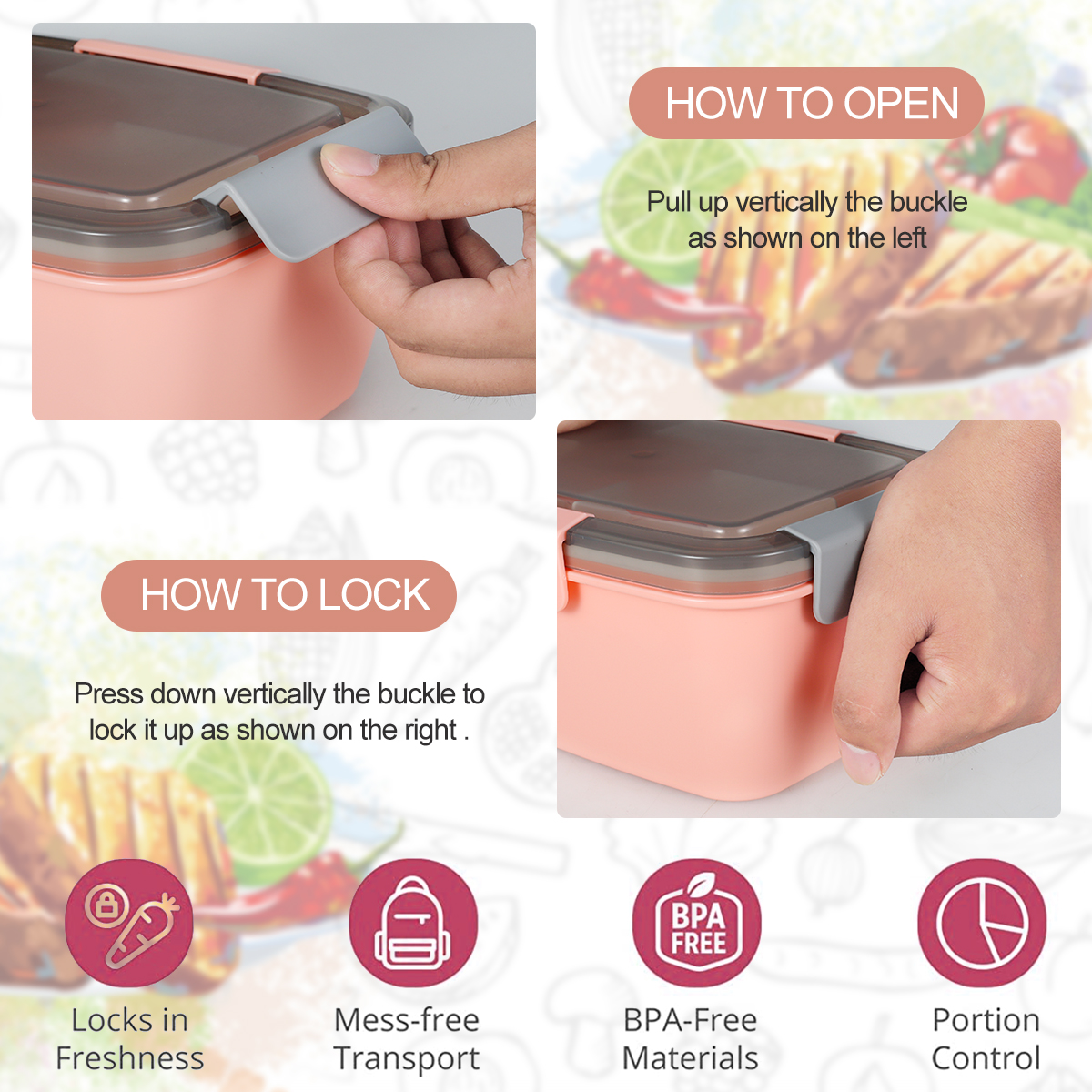 Description Picture 6 of item2L Portable Hermetic Lunch Box 2 Layer Grid Children Student Bento Box with Fork Spoon Leakproof Microwavable Kitchen Container