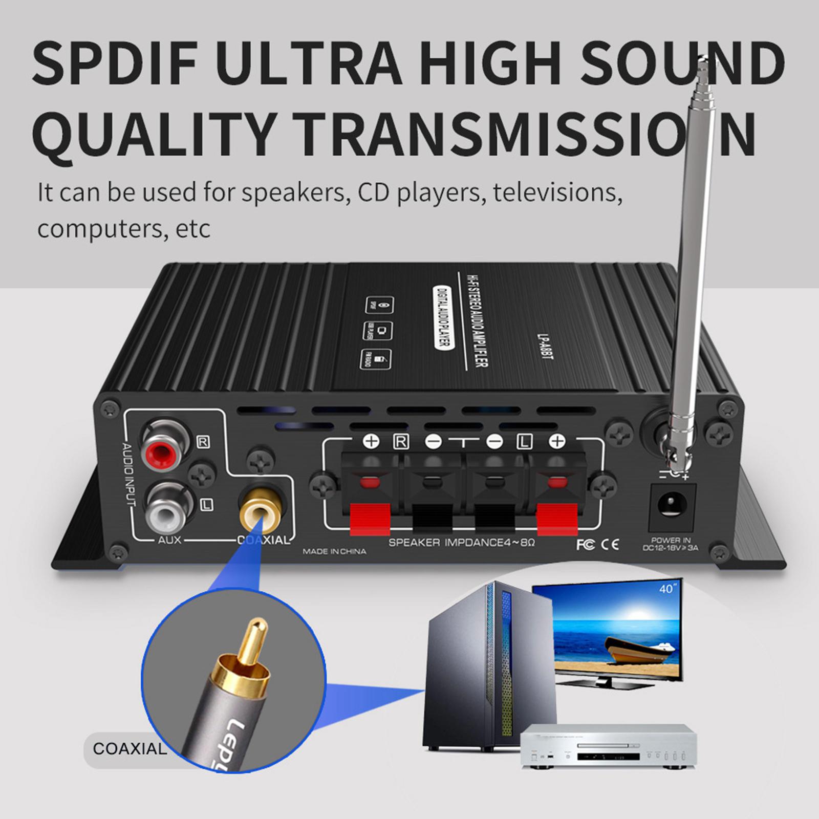 -A8BT Audio Power Amplifier Bluetooth 5.0 USB/TF AUX RCA FM HiFi Sound Quality 2 Channel for Home Use Computers Speakers TV