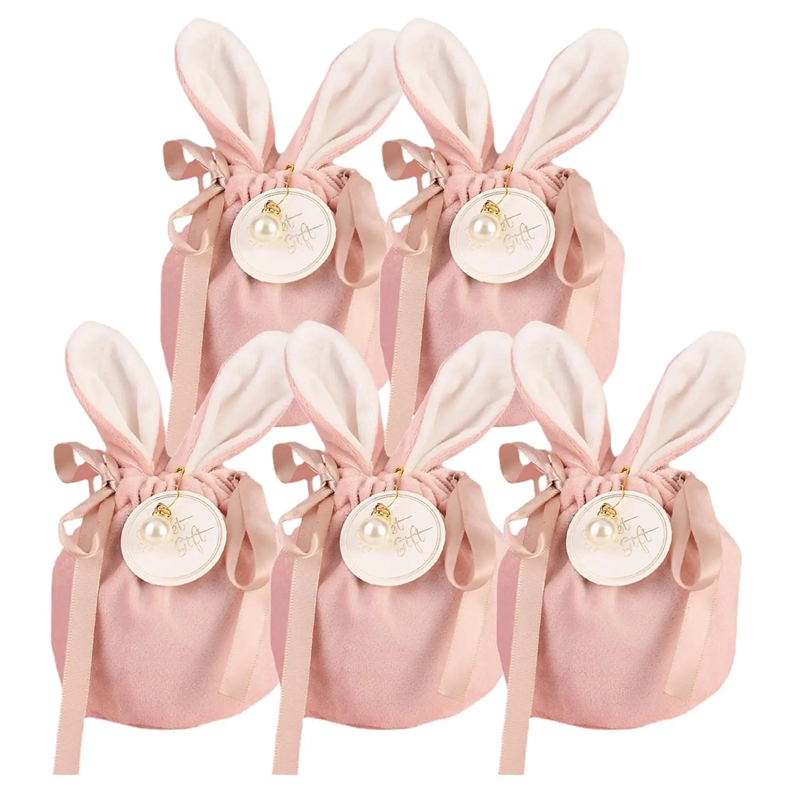 5x Bowknot Velvet Candy Bag Smooth and Soft Packing Bags Easter Cute Bunny Gift Drawstring Bags for Party Egg Hunts Festivals