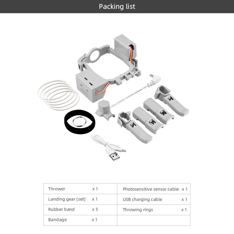 Packing list Thrower Photosensitive sensor cable Landing gear (set) X1 USB