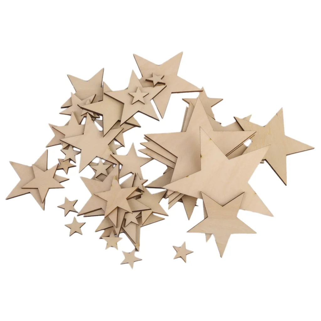 50pcs Wooden Assorted Stars Embellishment DIY Craft Cardmaking Scrapbooking