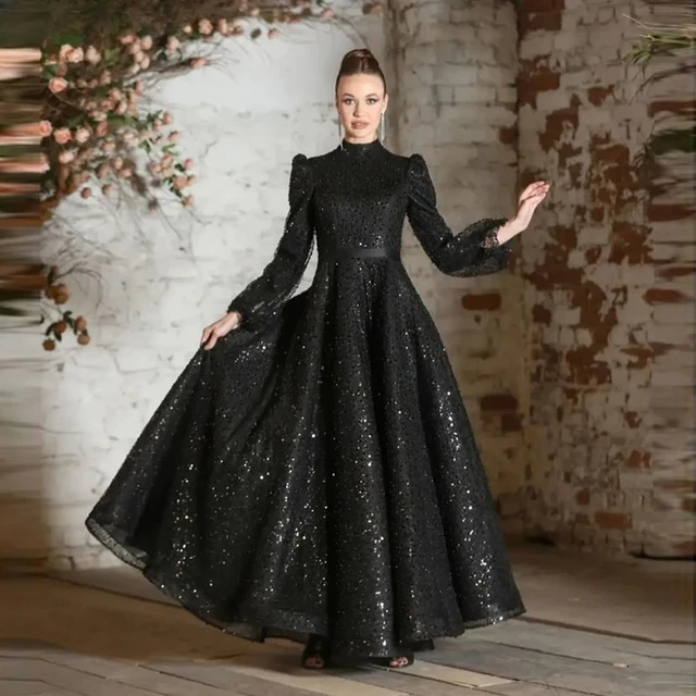 Sequins High Collar Evening Dress Women A-Line Half Sleeves Floor-length  Lace Up Dresses Elegant Formal Prom Party Gowns - AliExpress