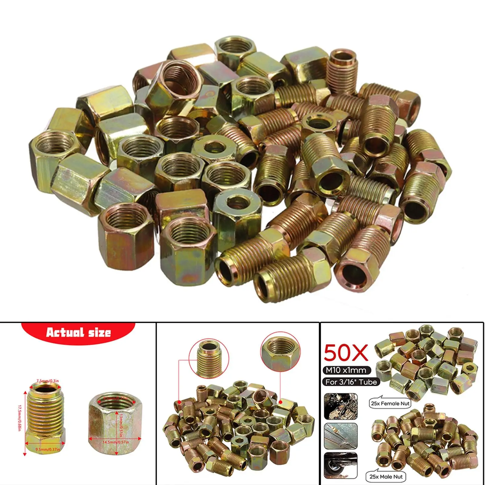 50Pcs Brake Pipe Fittings Adapter 10x1mm Male & Female Metric Nuts for 3/16 inch Brake Line Tube Replacement Accs