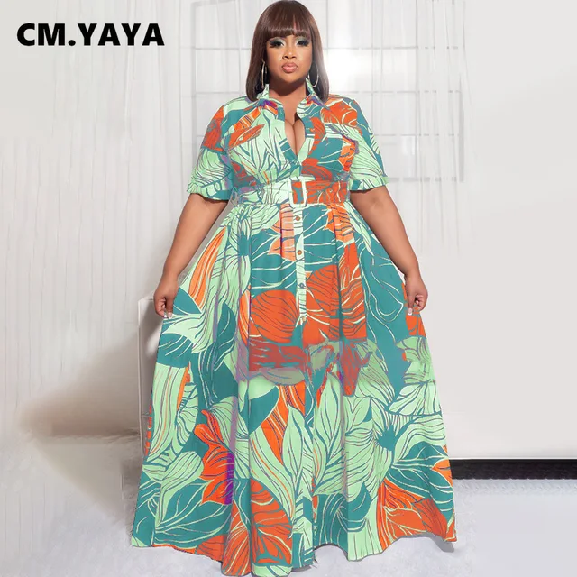 CM.YAYA Elegant Plus Size Women Floral Leaf Half Sleeve High Waist Single  Breasted Big Swing Shirt Style Maxi Long Dress 2022 - AliExpress