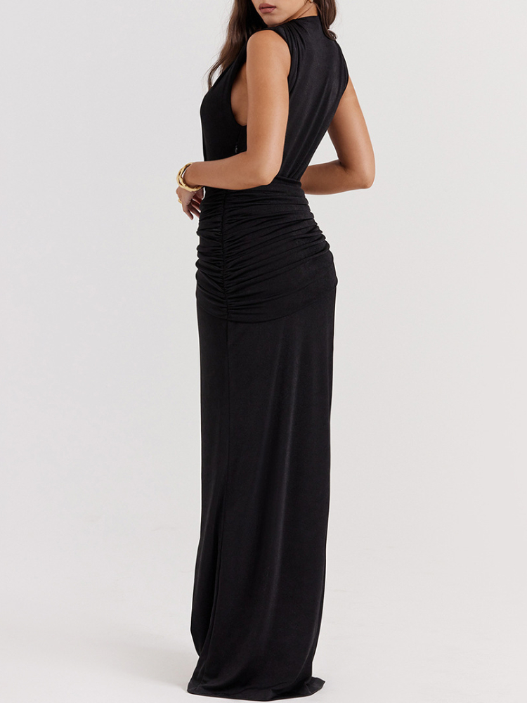 Tiefe V-Ausschnitt Seite Schlitz aushöhlen schlanke Maxi kleid Frauen ärmellose Gürtel Taille Falten langes Kleid elegante Club Party Vestidos – Detail 4