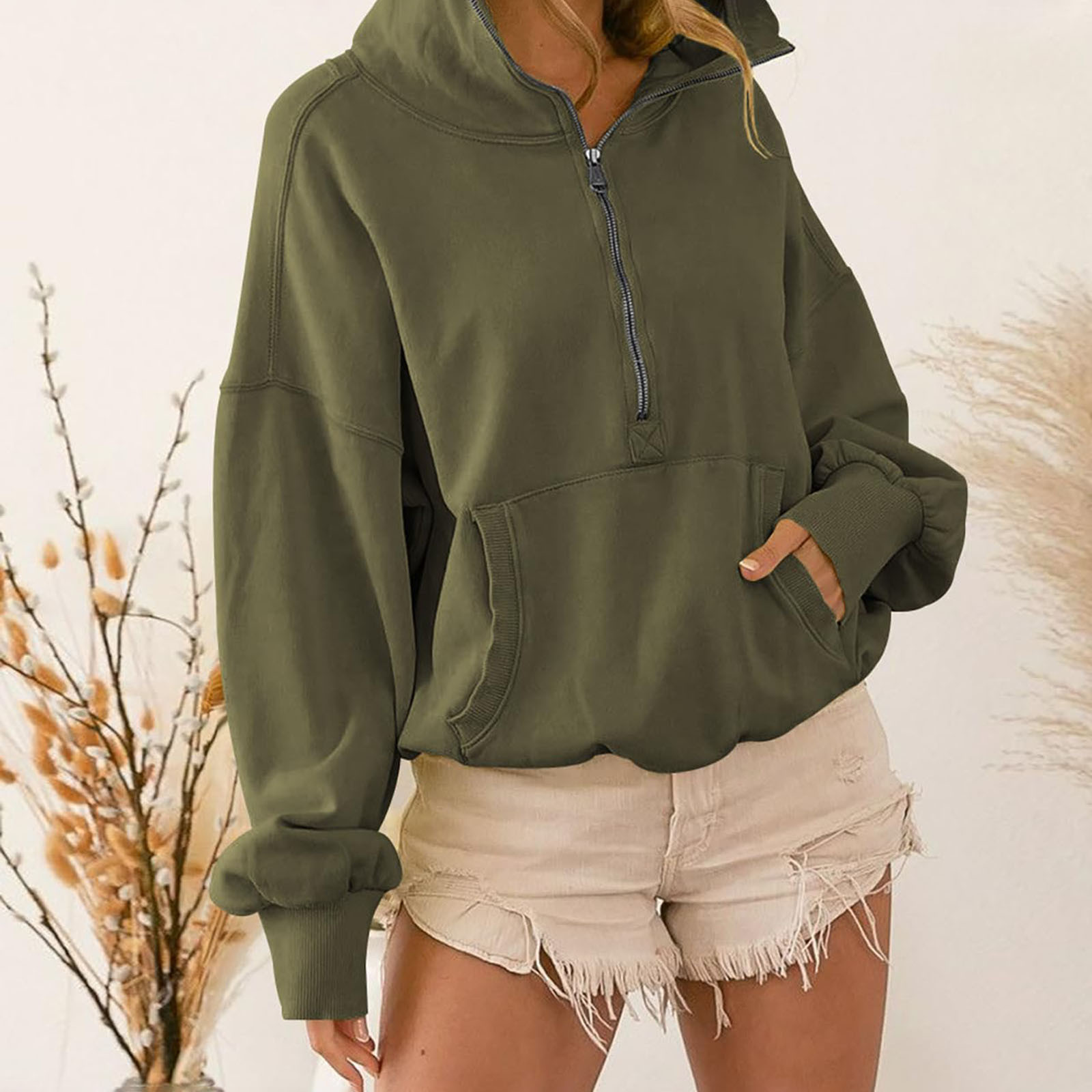 Hoodies extragrandes com bolso para mulheres, manga