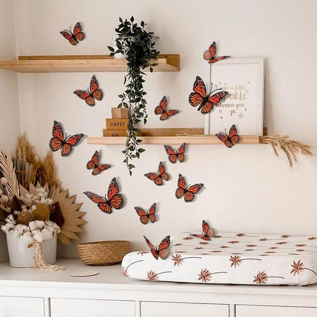 12 Pcs 3D Artificial Monarch Butterflies - 3 Sizes Orange Fake Butterflies For Wall Decor, Wedding, Party | Magnet & Glue