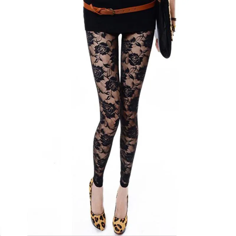 crossover leggings Spring and Summer Women's Sweet Lace Rose Hook Flower Hollow Leggings perspective thin nine-point Pants plus fat code Breathable leather leggings