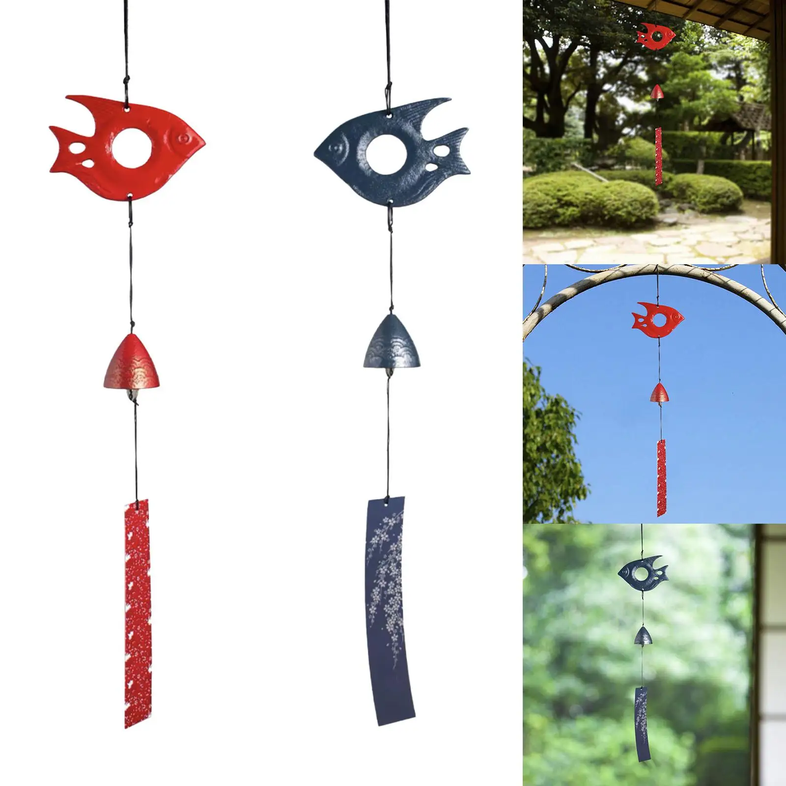 Iron Wind Chimes Hanging Bell Fish Figure Decorative Garden Windchime Pendant for Windows Patio Home Outside Festival Gifts