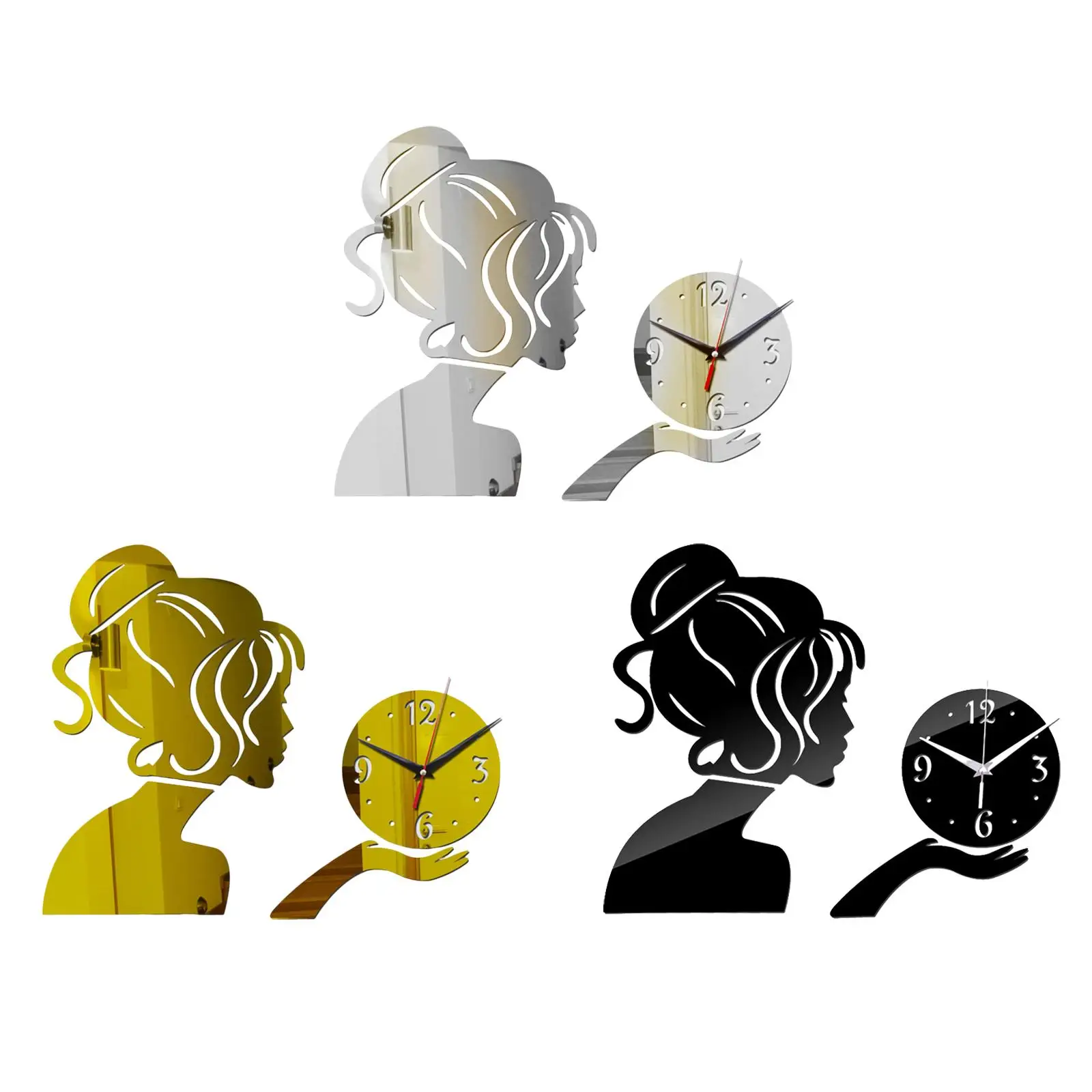 Wall Clock 3D DIY Sticker Beautiful Girl Decorative Stylish Silent Clock for Living Room Bedroom Dining Room Office Ornament