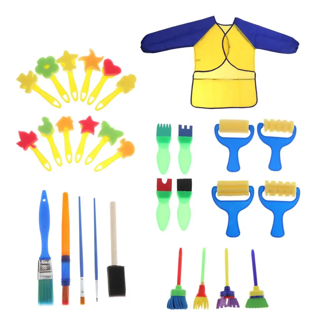 Children  Drawing Sponge Brushes W/ Painting Apron Set Toy Gift