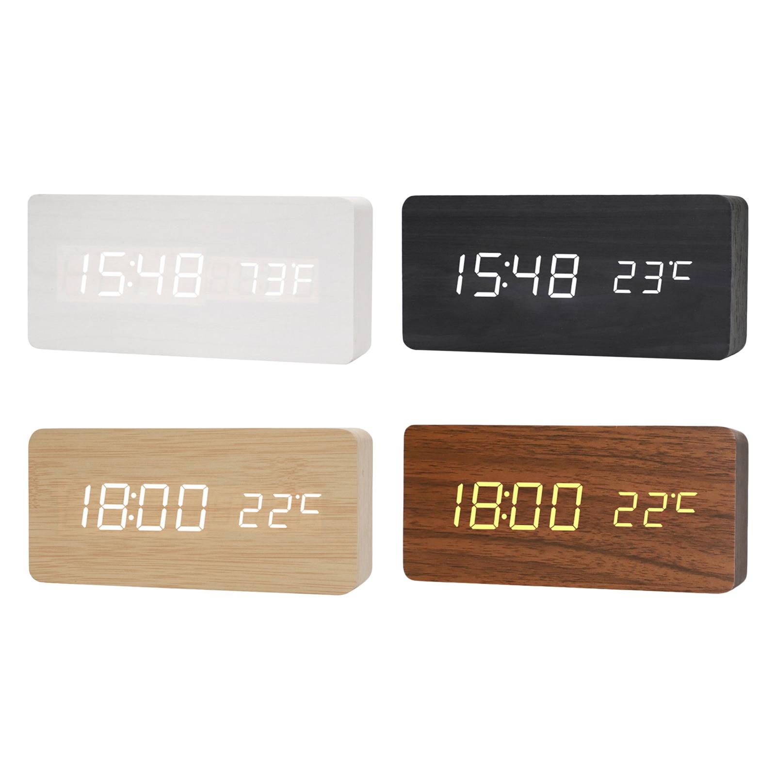 Portable Digital Alarm Clock Temperature Date Display Wood LED Office Decor