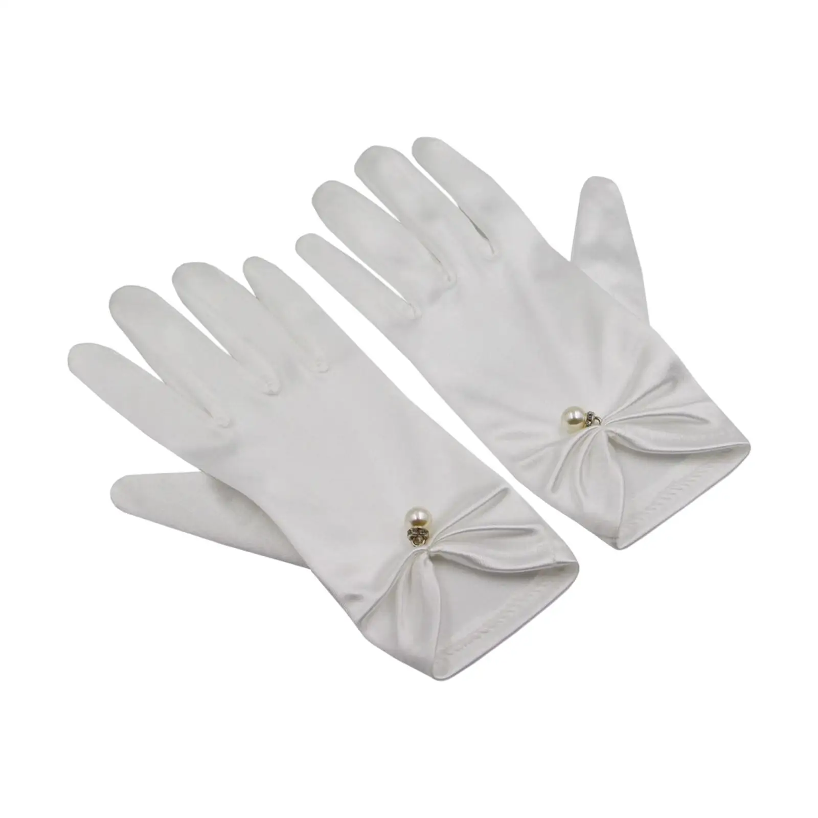 1 Pair Bride Wedding Satin Gloves, White Wrist Length Short for Prom Banquet Dinner Party Evening Women.