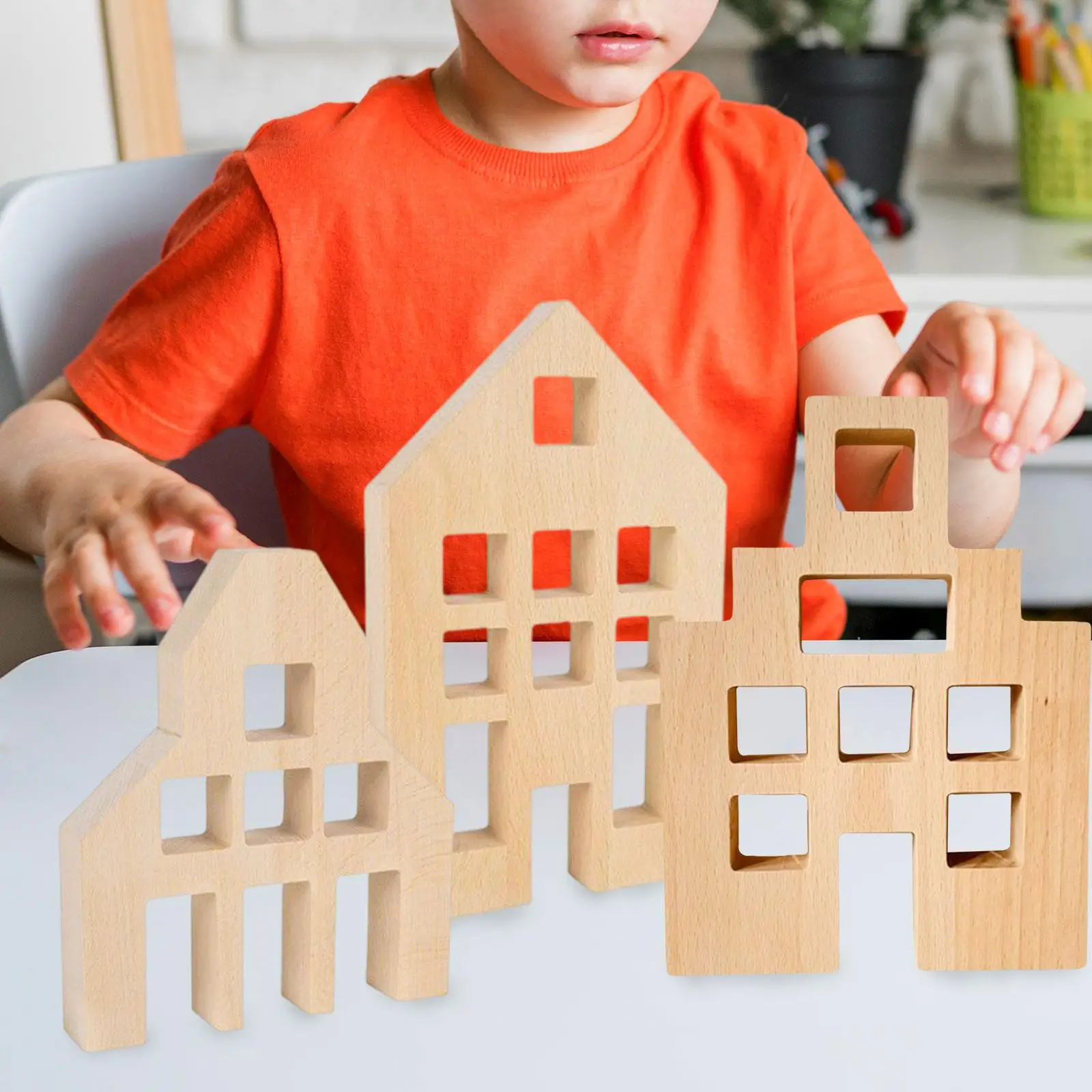3Pcs Wood House Blocks Decorative Wooden Ornament for Ages 3-6 Kids Bedroom