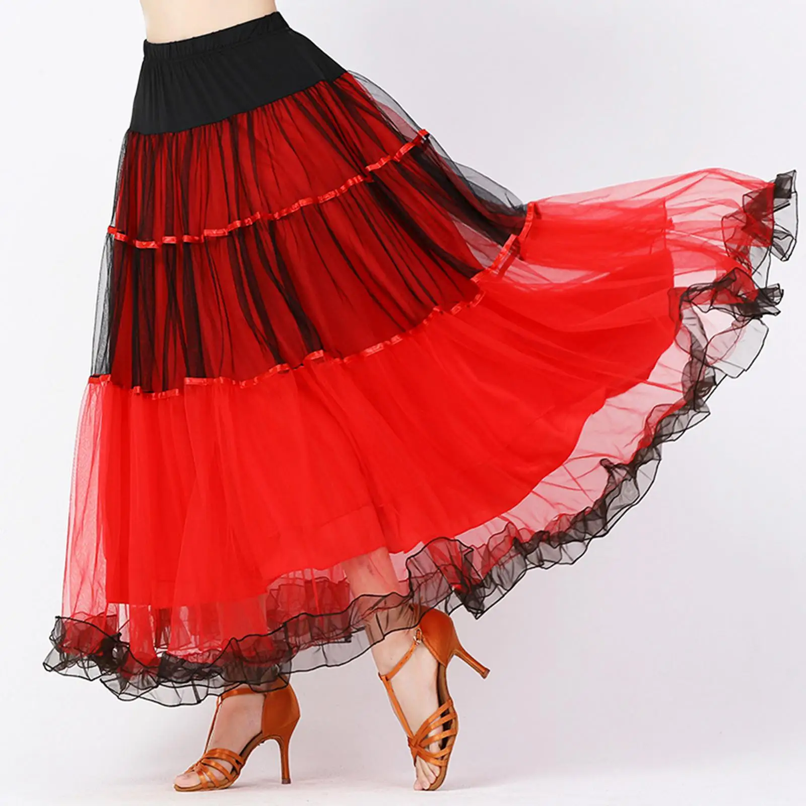 Ballroom Dance Skirt Ladies Long Swing Tiered Skirts Dancewear Layered Dress