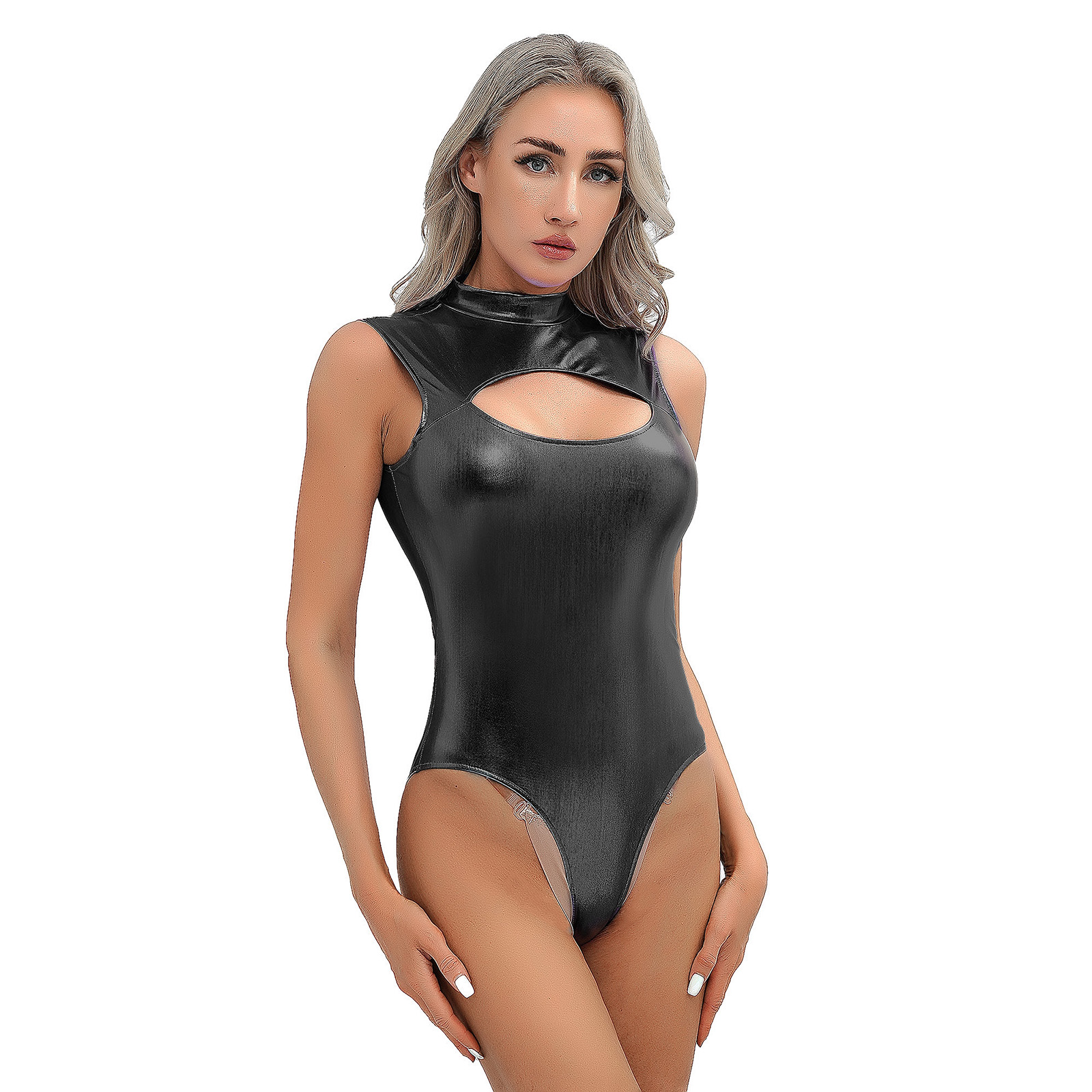 Frauen Pole Dance Bodysuit metallisch glänzend Ausschnitt Reiß verschluss Trikot Nachtclub Party Bühne Performance Kostüm Pool Strand Bade bekleidung – Detail 10