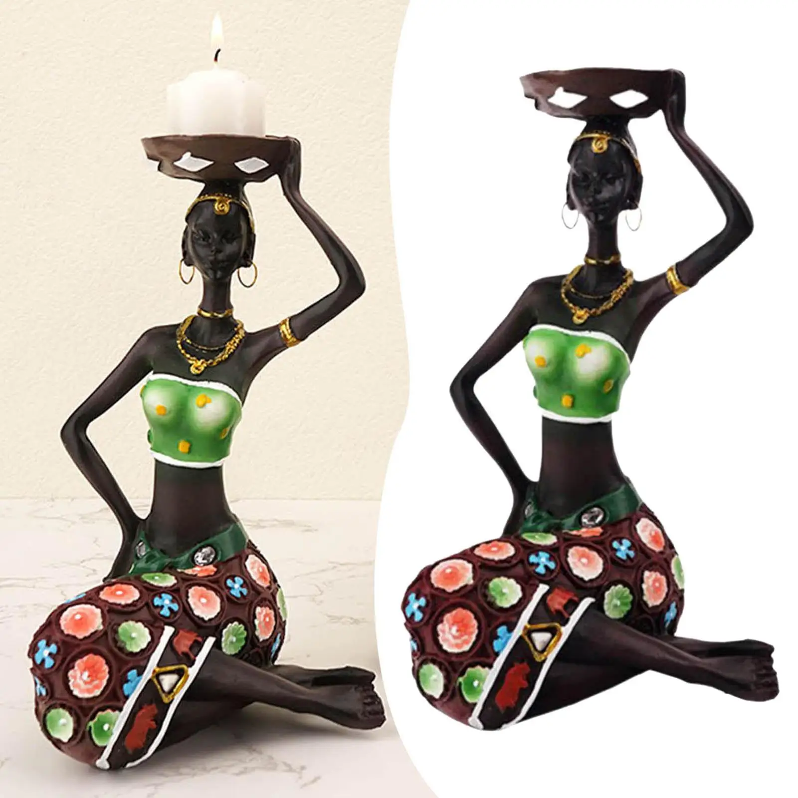 Creative African Women Statues Candlestick Tea Lights Candleholder Tribal Lady Desktop for Home Accents Pillar Candle Bedroom