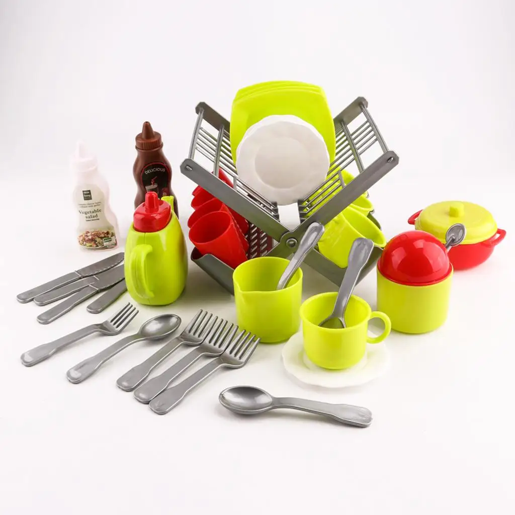 Pretend Play Kitchen Dishes Set for Children, 34 Parts with Draining Rack