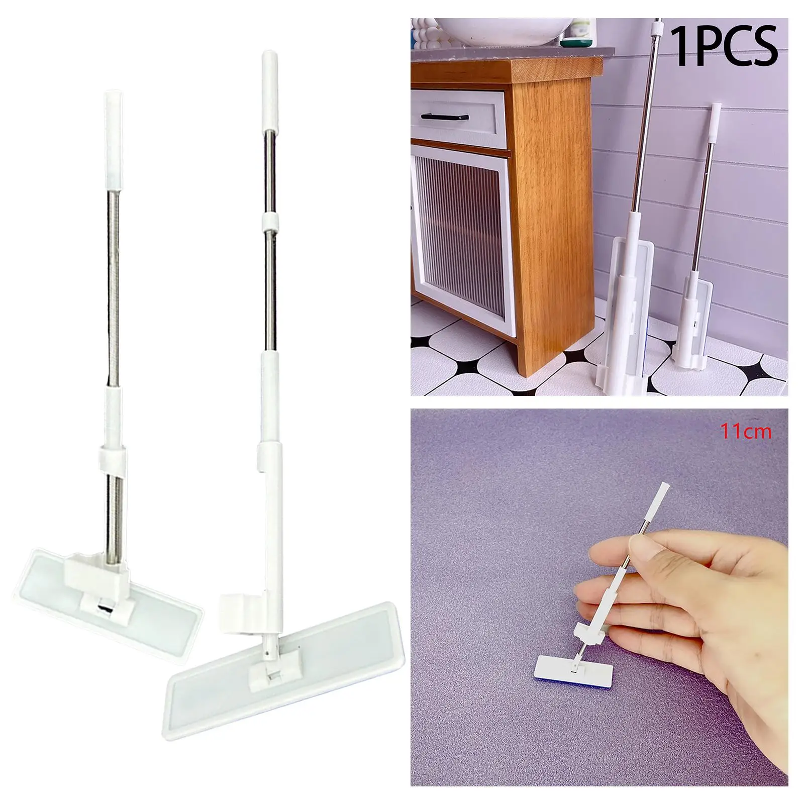 1:12 Scale with PP Handle Dollhouse Miniature Mop Durable Furniture Flat Floor Mop Model for Kitchen DIY Scene Mini House Toy