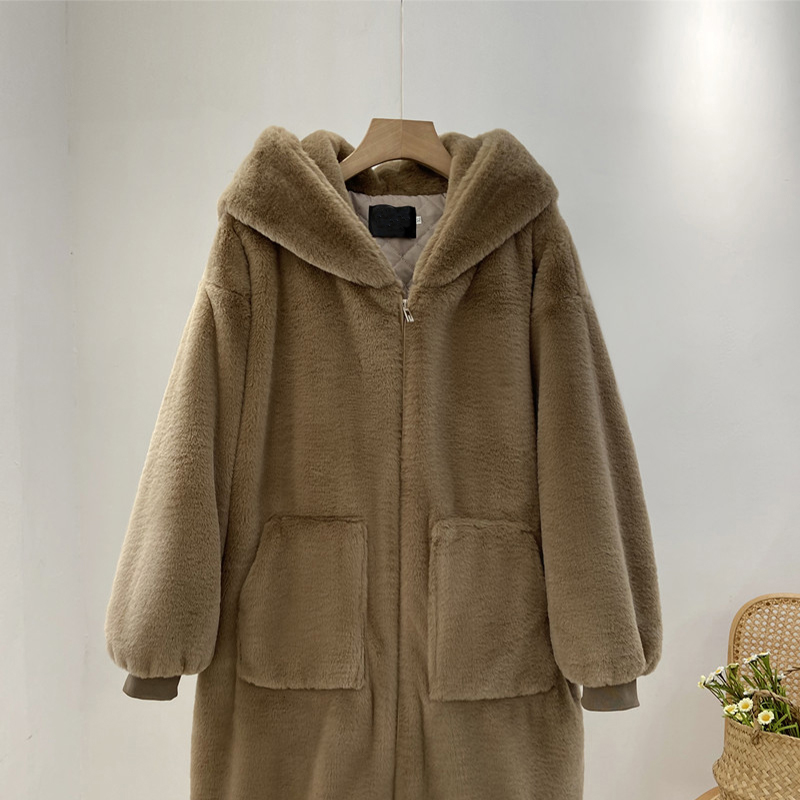 Winter Fashion Runaway Luxury Brand Long Faux Fur Coat Women Jacket Zip Hooded Thick Warm Fake Rabbit Fur Plush Overcoats