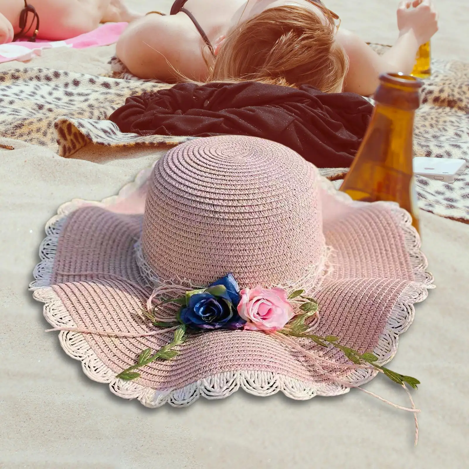Straw Hats Rose Embellishments Lightweight Durable Portable Big Eaves Hat Sun Hats for Travel Short Trips Gift Parties Street