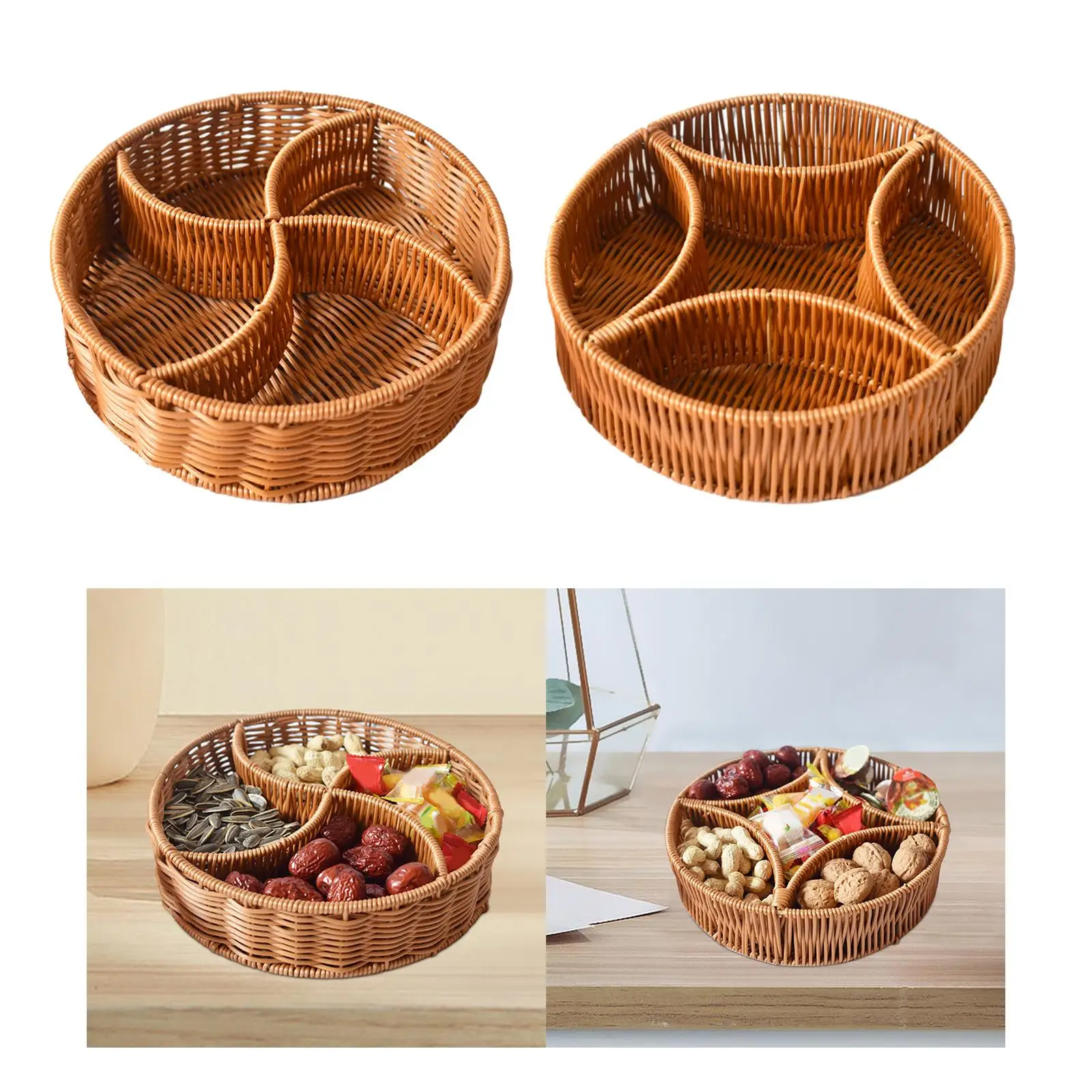 Hand Woven Serving Basket Versatile Dividers Farmhouse Divided Bread Basket for Restaurant Kitchen Coffee Table Dining Hotel