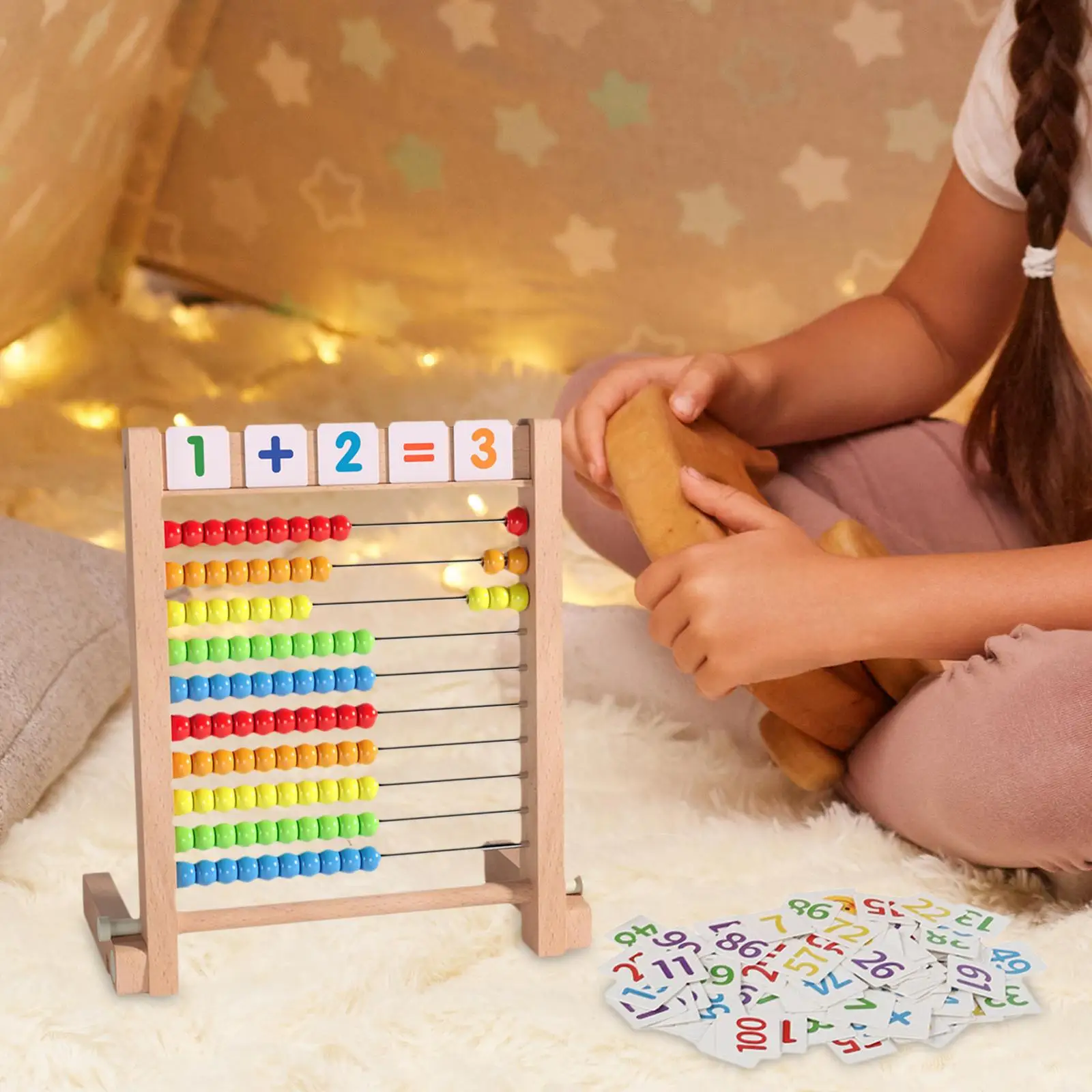 Classic Wooden Abacus Ten Frame Set with Number Cards Math Manipulatives for Boy Girls Kids Kindergarten Elementary Preschool