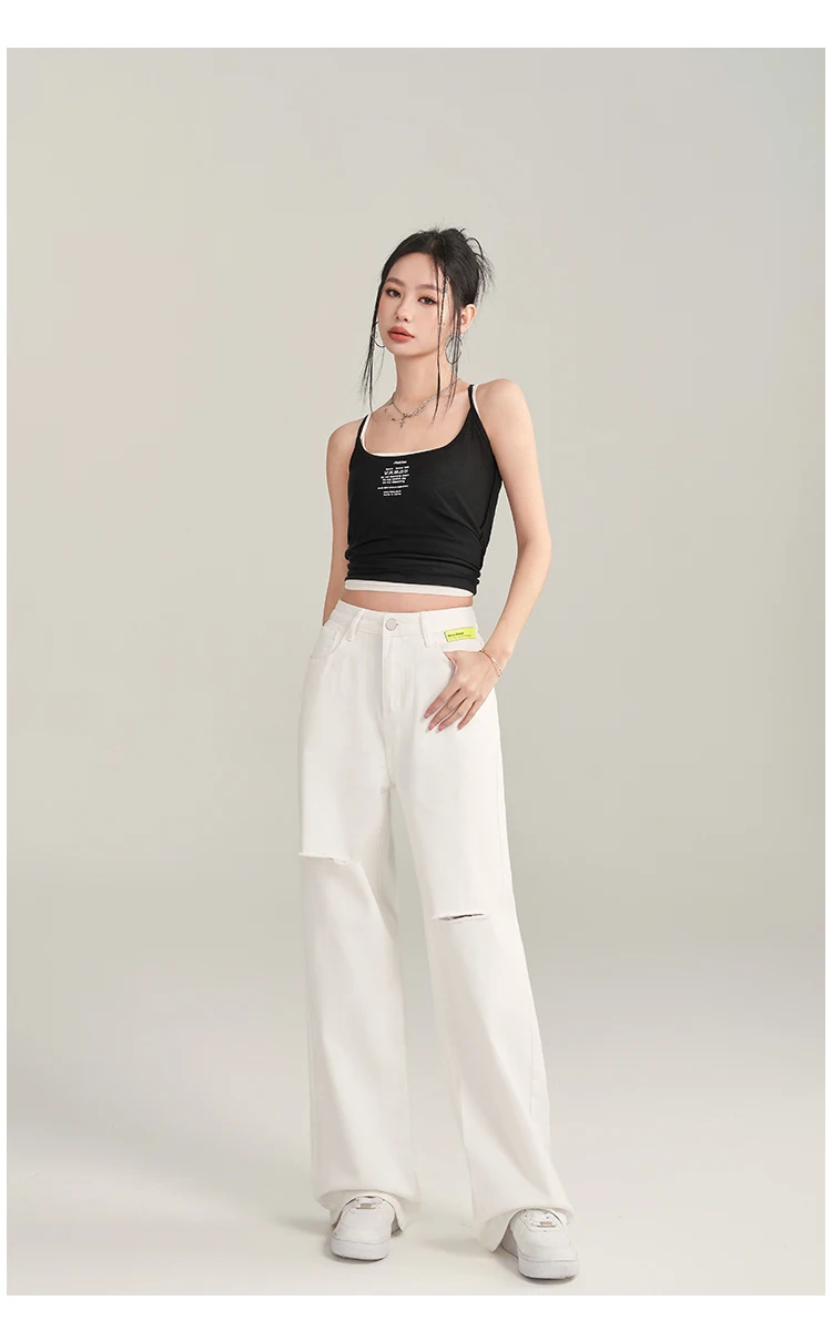 N3403 Bright-coloured label torn jeans are versatile, loose and worn wide leg pants for women