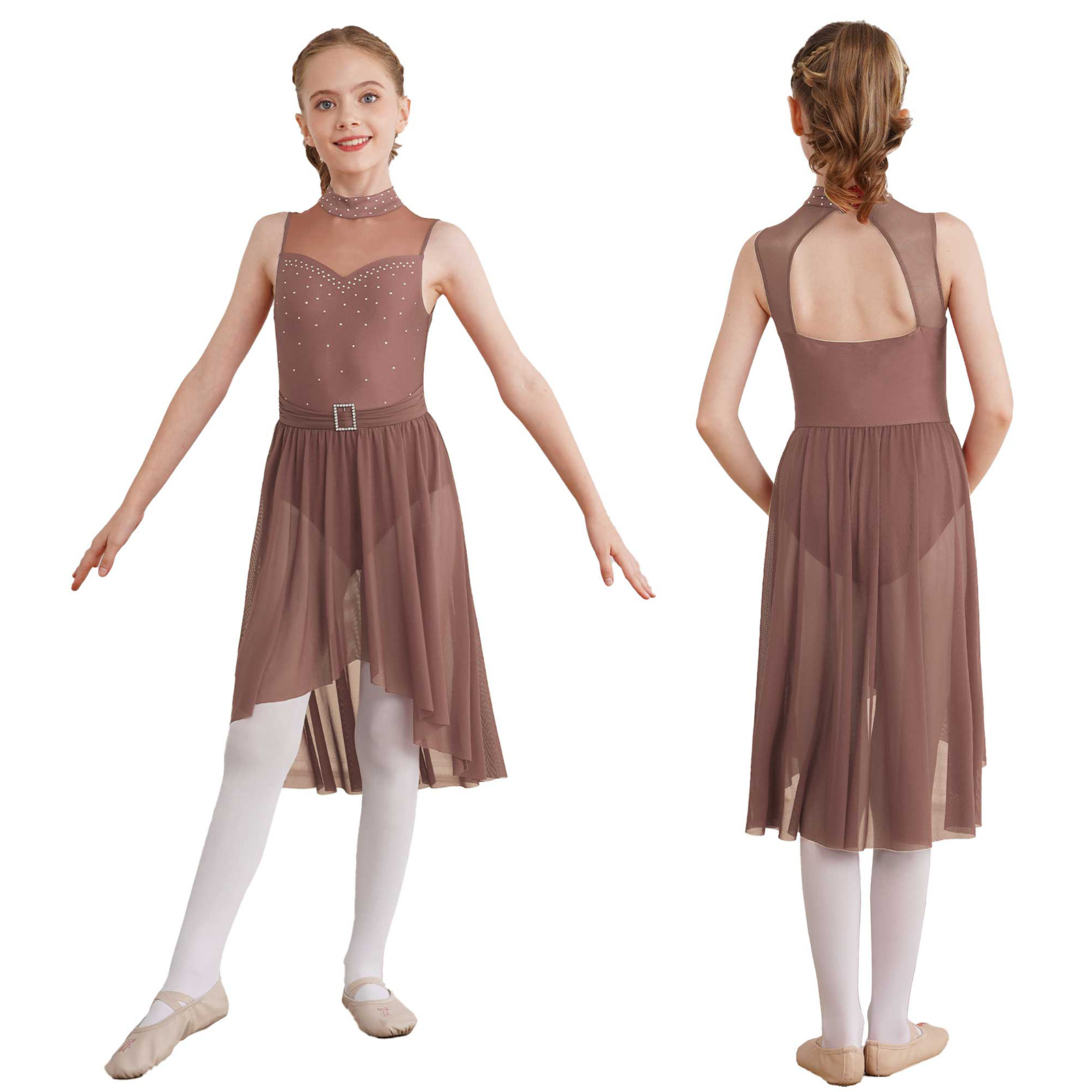Kinder Mädchen Lyrical Modern Dance Kleid Ärmellos Glänzend Strass Ballett Gymnastik Eiskunstlauf Trikot Kleid Bühne Dancewear – Detail 10