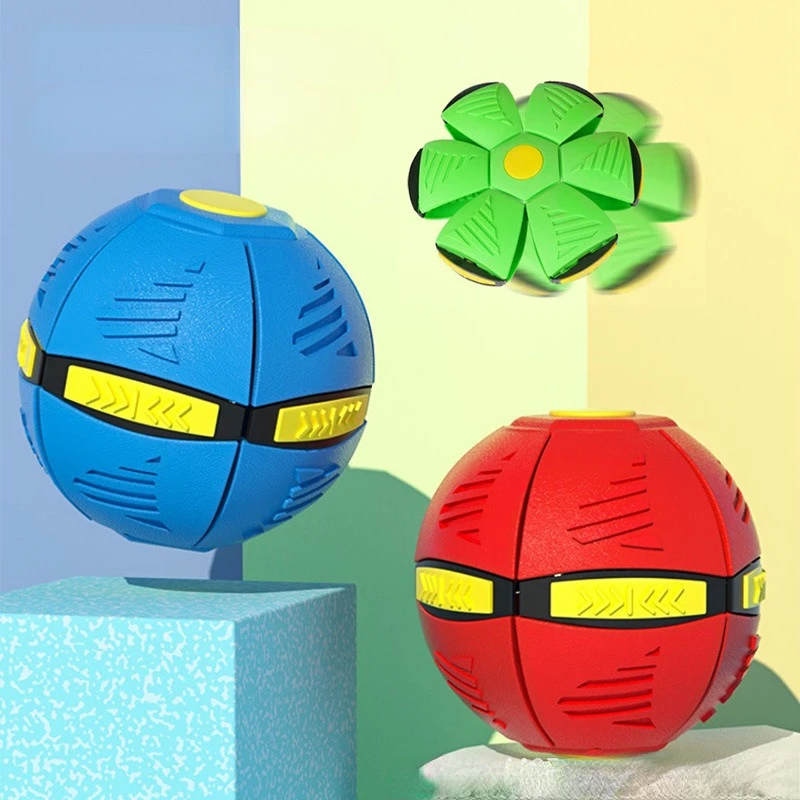 Three spherical toys are shown: one blue, one red, on platforms, and one green in mid-transformation into a flower shape against a colorful background, showcasing an innovative The Stuff Box Flying Saucer for Outdoor Training and Play perfect as an interactive dog toy.
