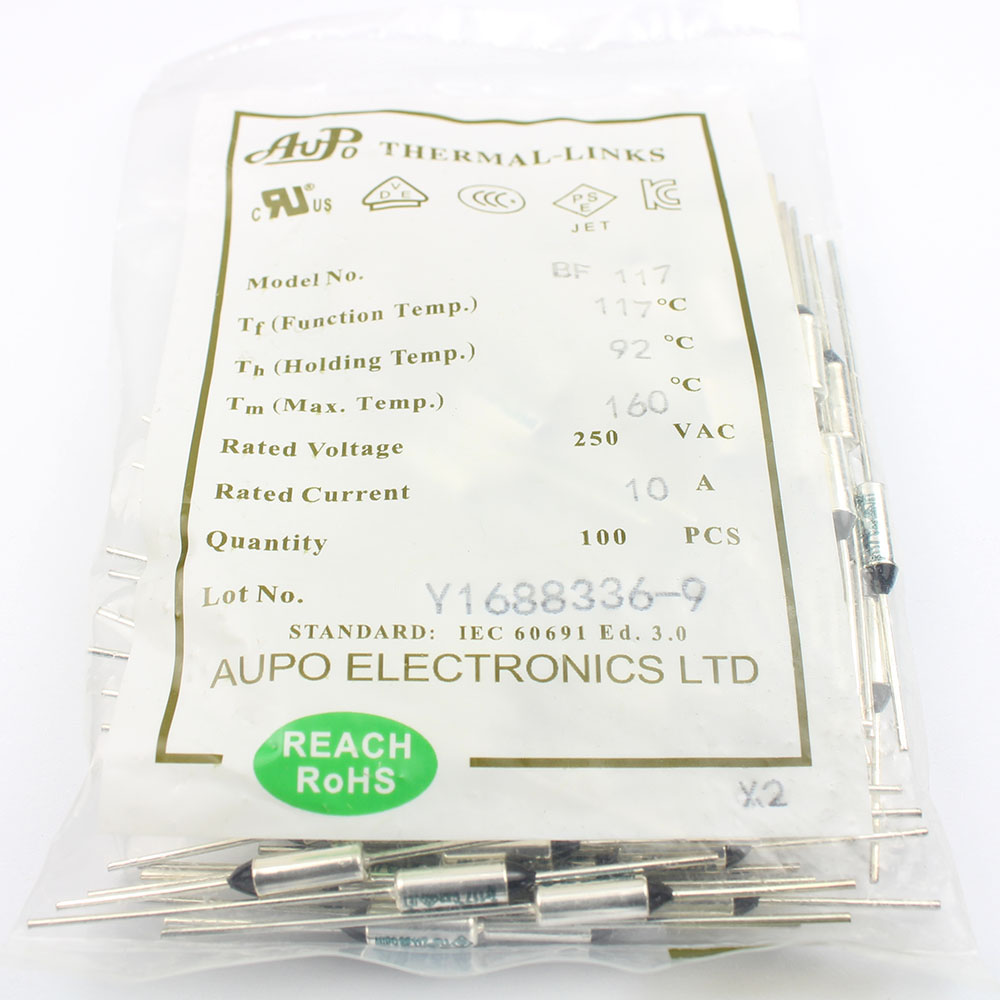 Description Picture 6 of item10pcs Thermal Fuse BF117 BF117X BF 117C 117 Celsius Degree 10A 16A 250V Cutoff TF Pellet TCO Axial Lead Temperature Links AUPO