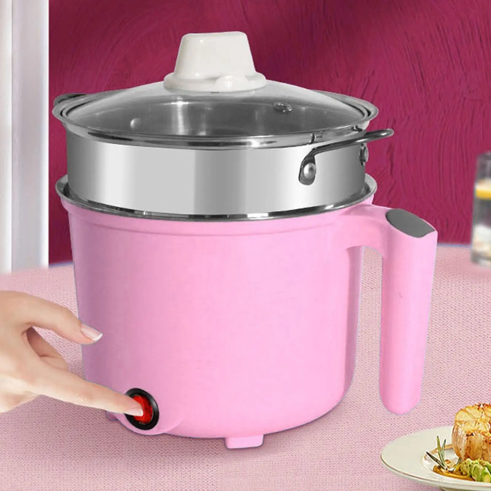 Electric Cooking Machine with Steamer single switch for Household Dormitory Pink